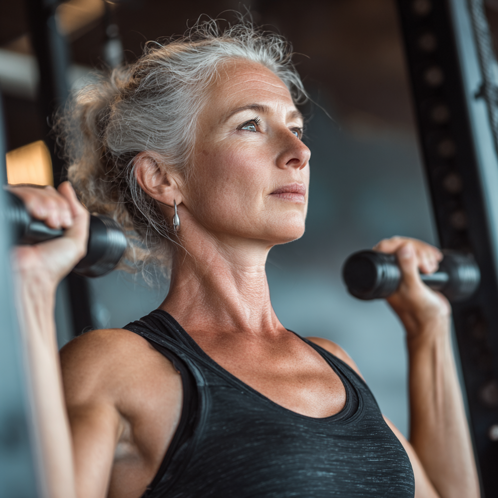 Confident 50 years old woman completing strength training exercise with proper form